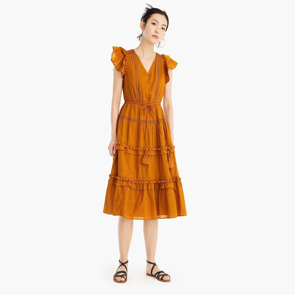 J. Crew Point Sur Pom Pom ruffle midi dress